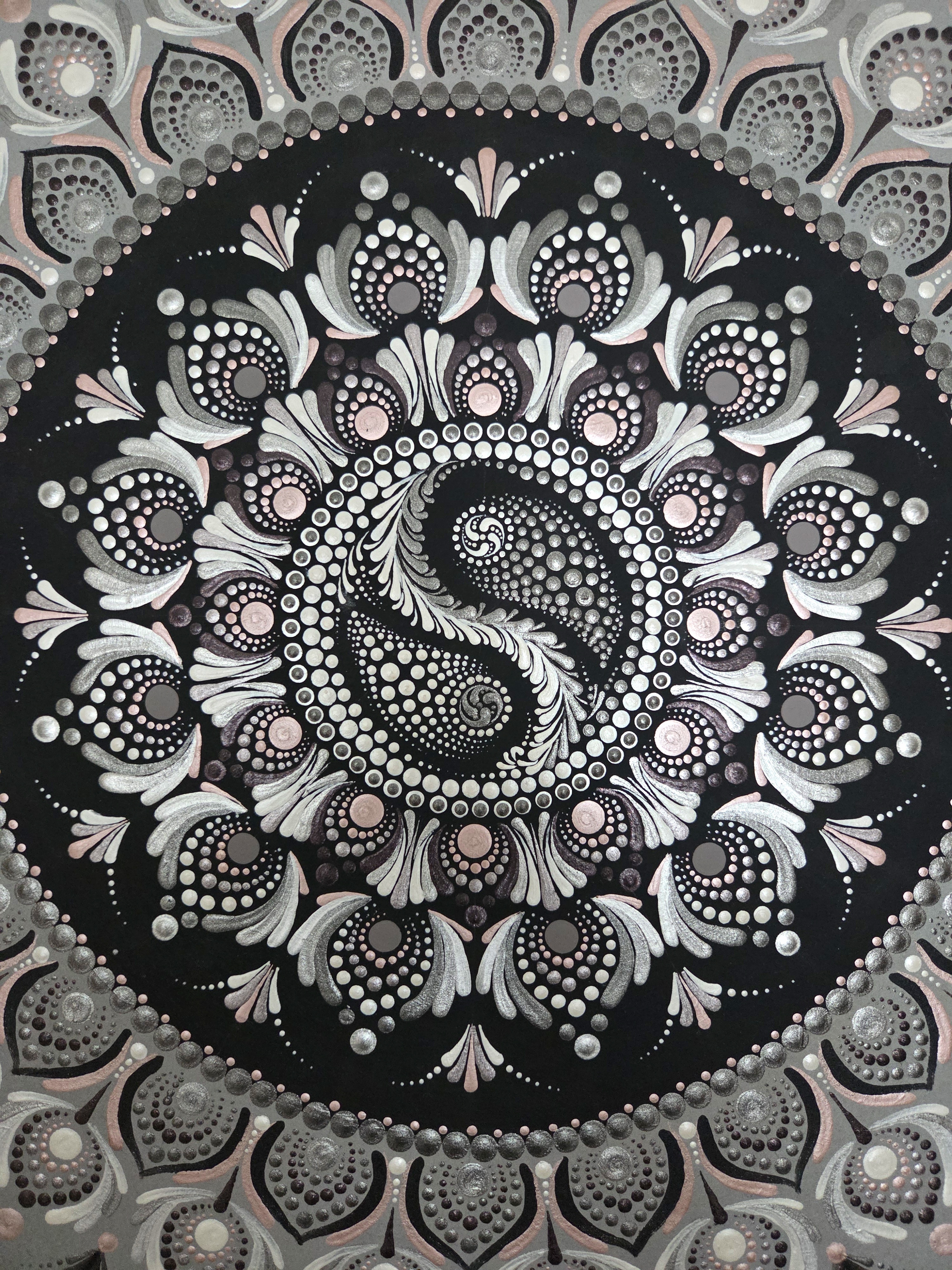 Jin-jang mandala - kézzel festett, pontozott mandala falikép